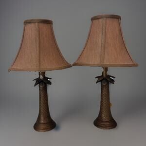 Vintage Pair Palm Tree Table Lamps 16" H Resin Tropical Beach Victorian Beads